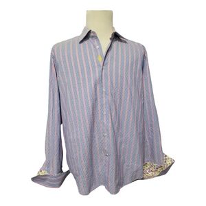 Robert Graham Blue Stripe dress shirt, flip‎ down cuffs, button down shirt